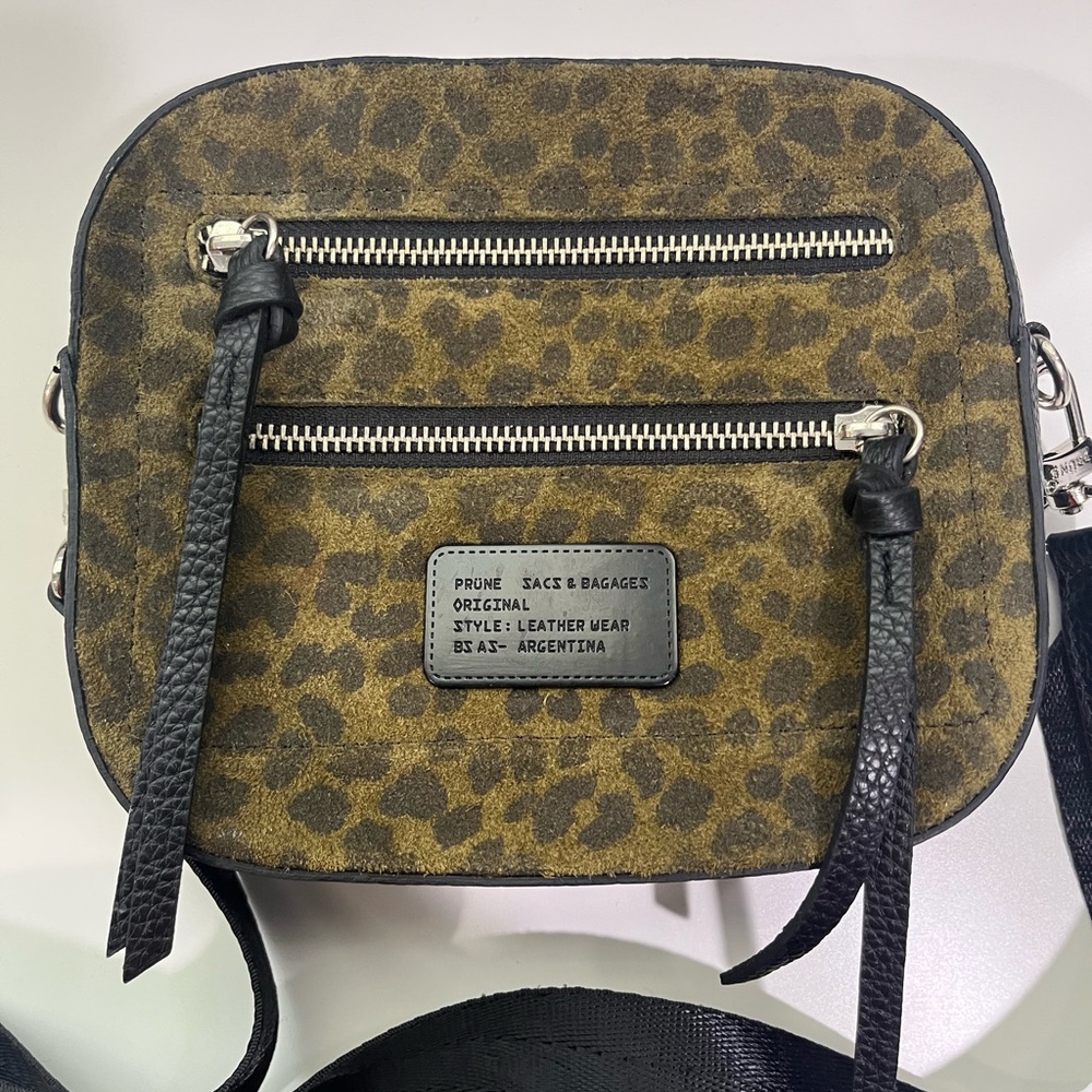 Prune • Green and Black Leopard Print Suede Crossbody Bag with Front Zippers